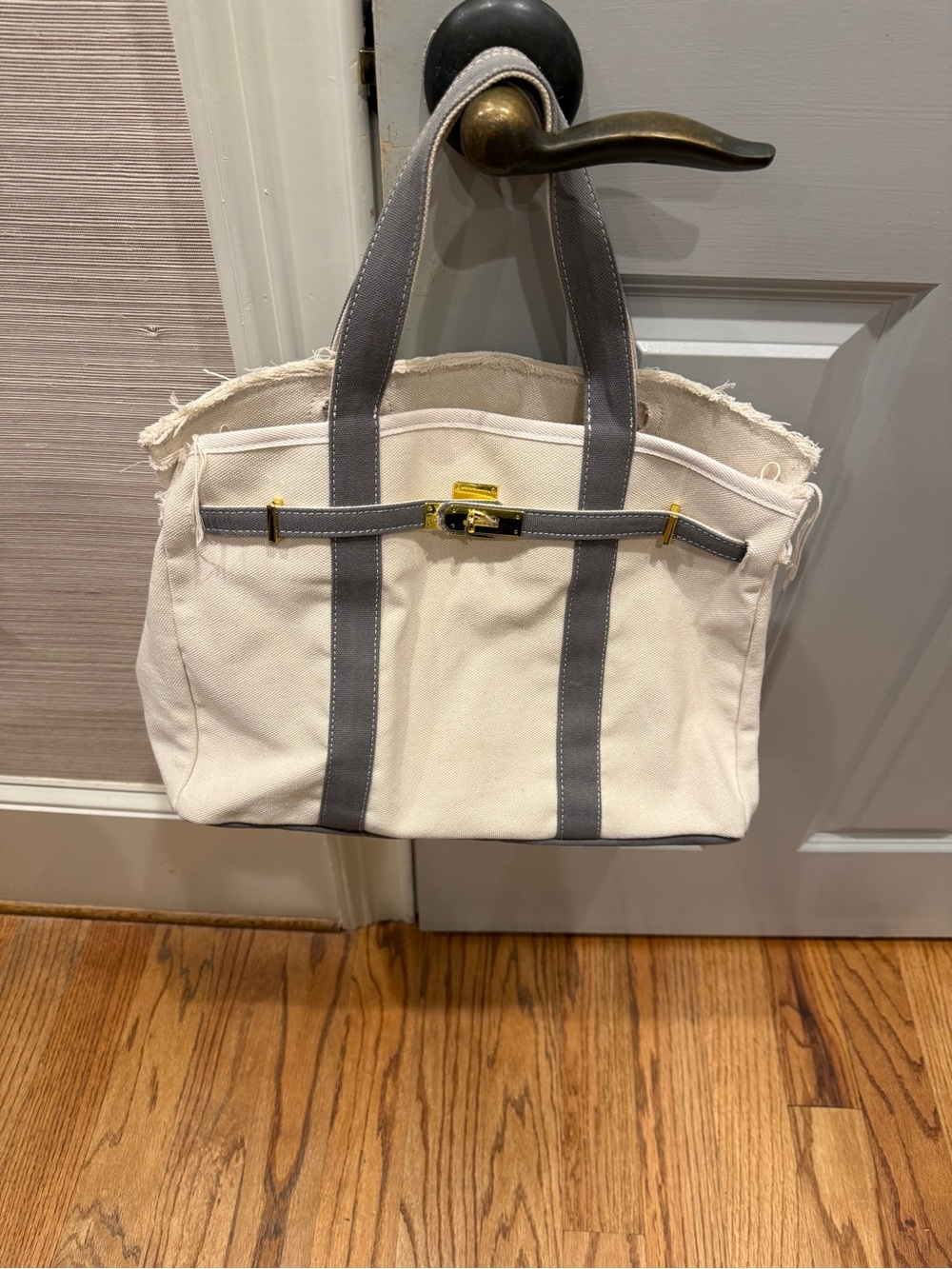 Canvas Tote Bag with Gray / Light blue Straps and Gold Accent - workin tote